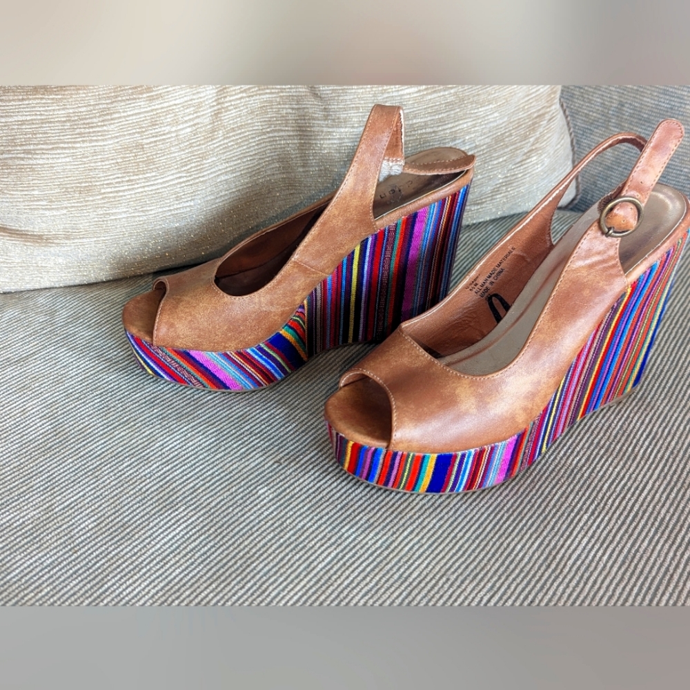 Madden Girl, 6 inch wedge sandals. Brown leather on top and multi-color heel.